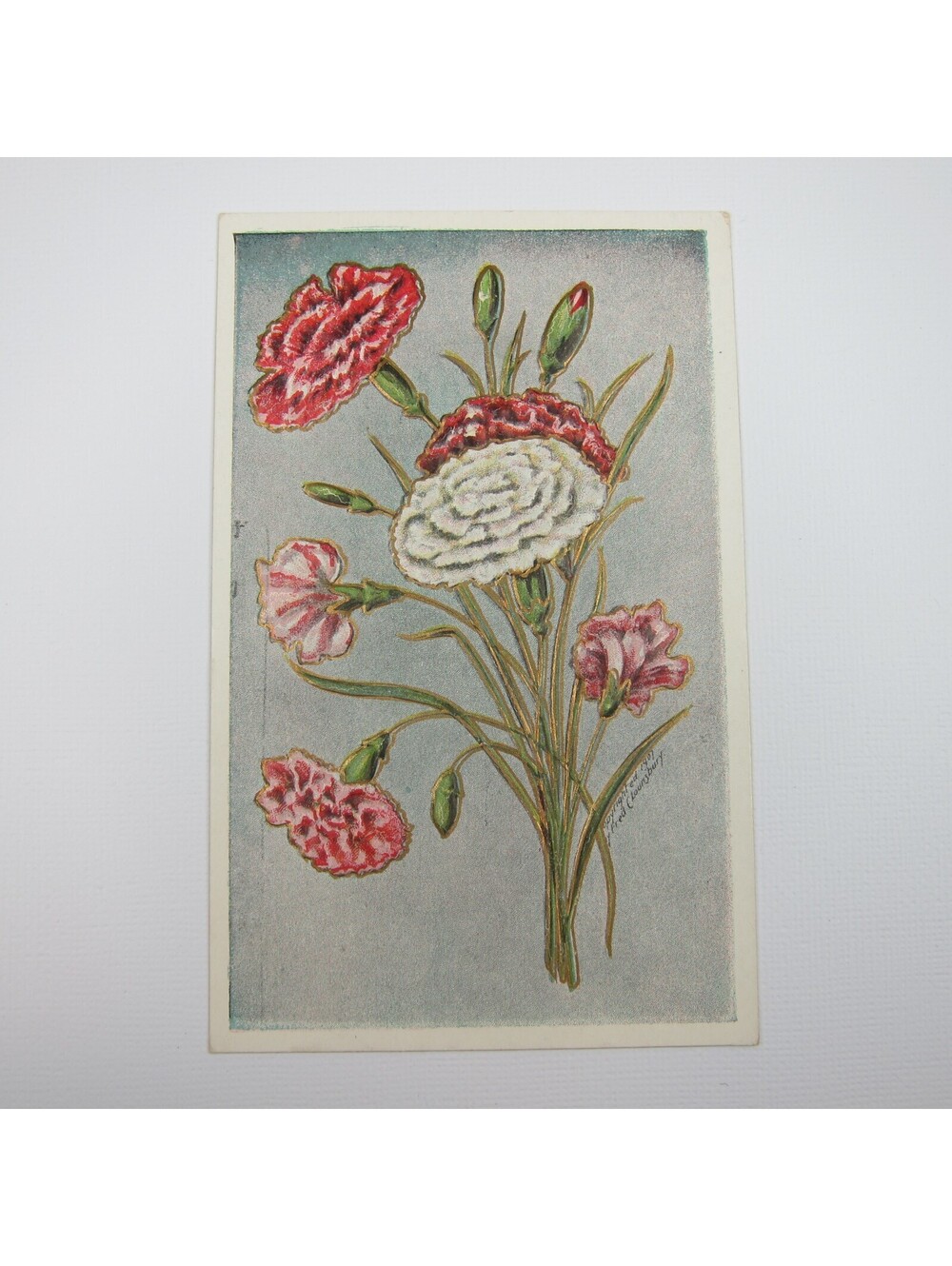Postcard Greeting Antique 1907 Embossed Carnation Flower Red Pink White UNPOSTED